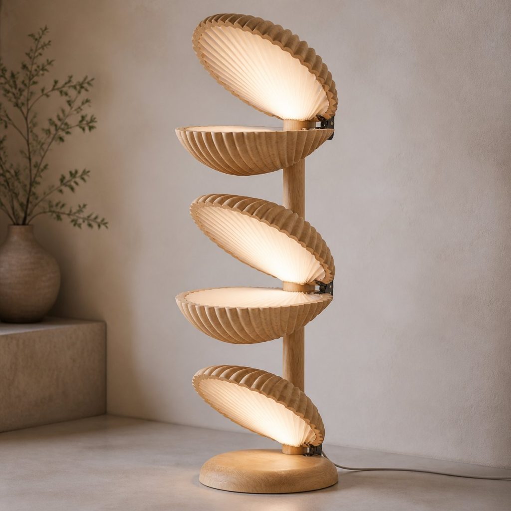 Stacked Clam Floor Lamp shown as an original square photorealistic clam lamp made from natural light-yellow wood with fine grain and warm diffused light