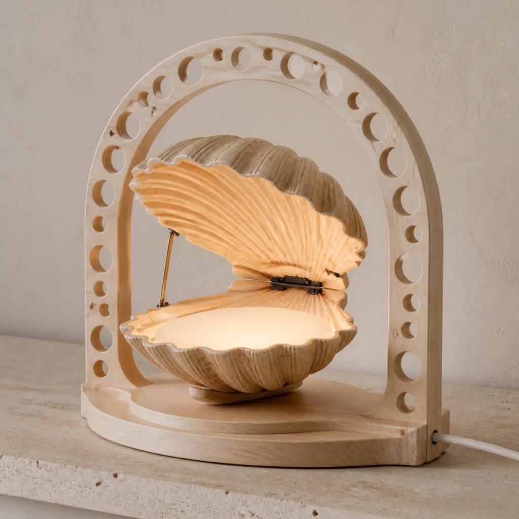 Tide-Pool Clam Lantern shown as an original square photorealistic clam lamp made from natural light-yellow wood with fine grain and warm diffused light