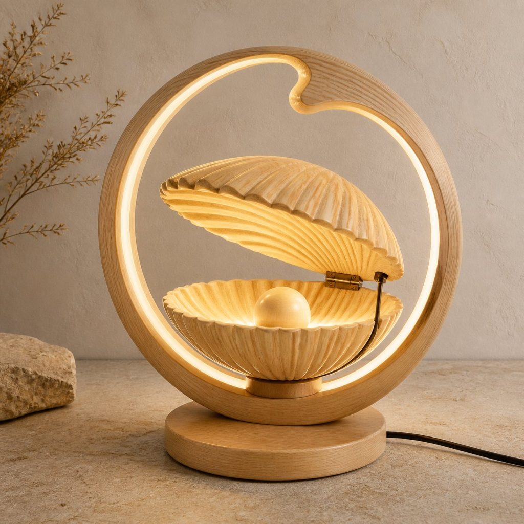 Clam Wave-Ring Lamp shown as an original square photorealistic clam lamp made from natural light-yellow wood with fine grain and warm diffused light