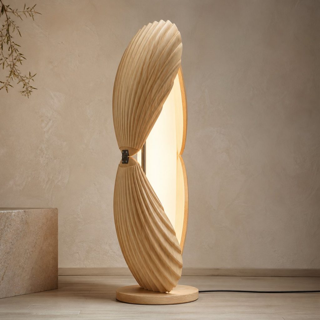 Tall Clam Floor Lamp shown as an original square photorealistic clam lamp made from natural light-yellow wood with fine grain and warm diffused light