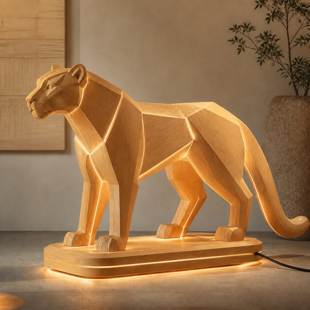 Faceted Cougar Lamp shown as an original square photorealistic cougar lamp made from natural light-yellow wood with fine grain and warm diffused light