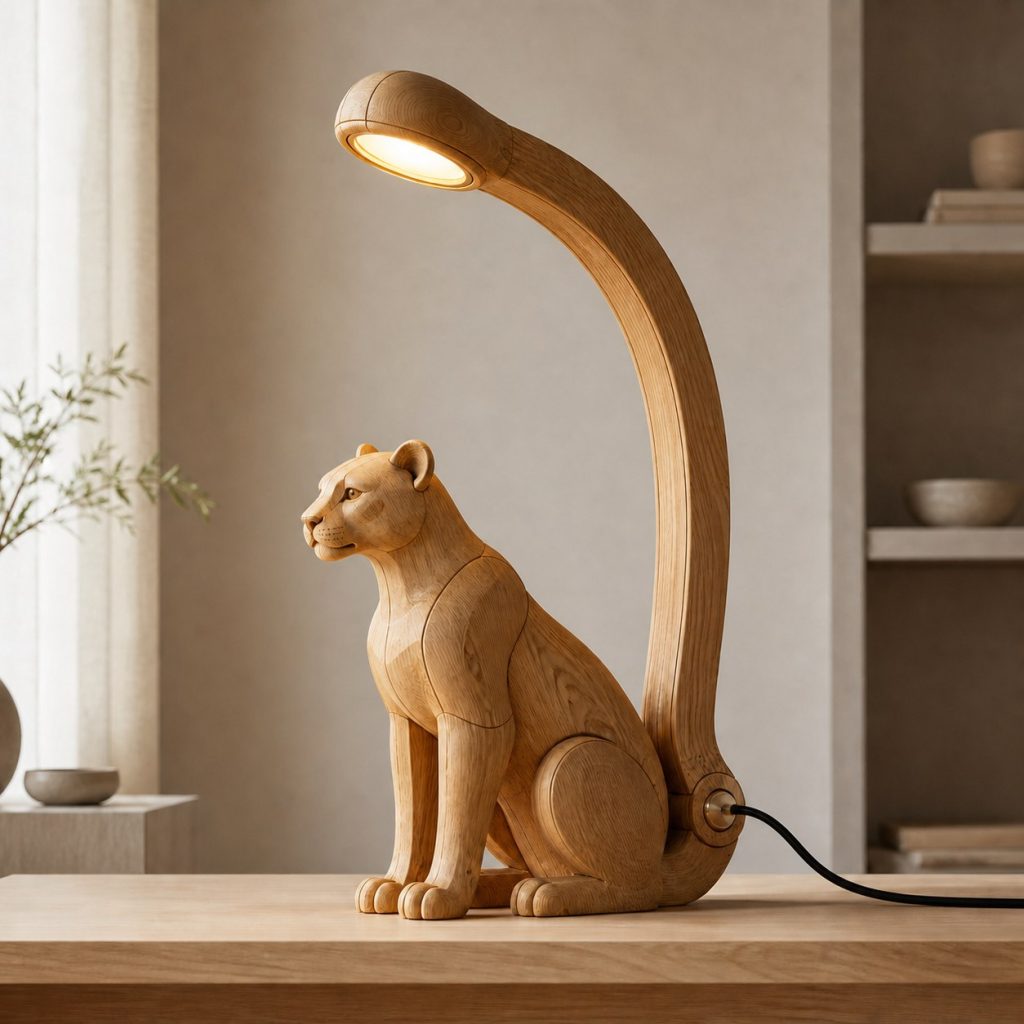 Cougar-Tail Desk Task Lamp shown as an original square photorealistic cougar lamp made from natural light-yellow wood with fine grain and warm diffused light