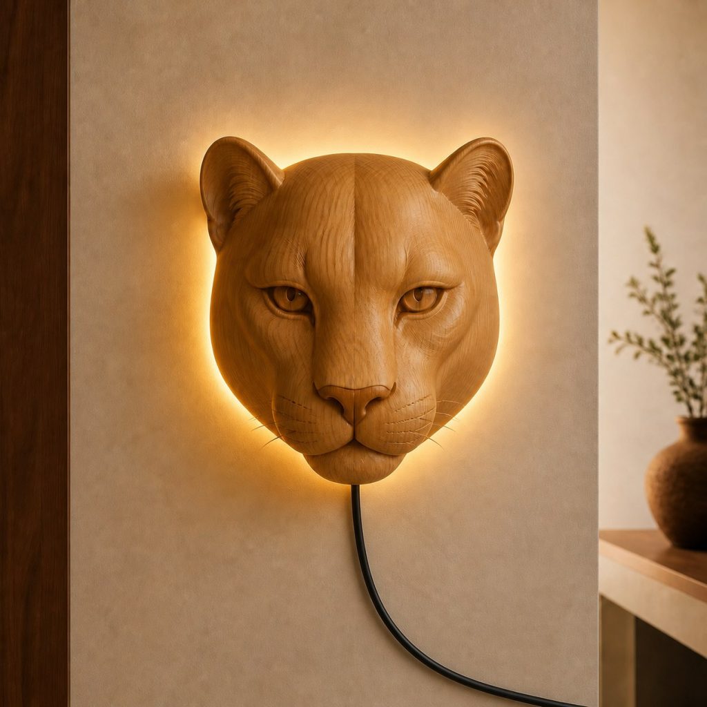 Layered Cougar Face Wall Lamp shown as an original square photorealistic cougar lamp made from natural light-yellow wood with fine grain and warm diffused light