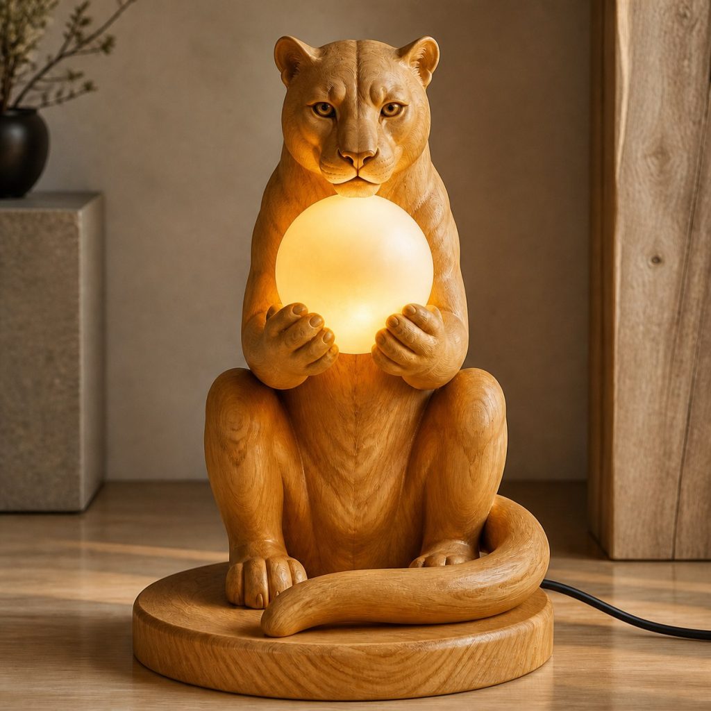 Cougar Orb Lamp shown as an original square photorealistic cougar lamp made from natural light-yellow wood with fine grain and warm diffused light