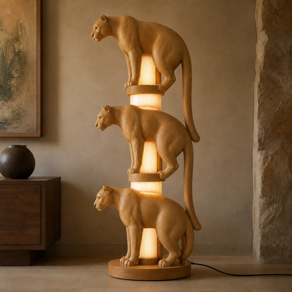 Stacked Cougar Floor Lamp shown as an original square photorealistic cougar lamp made from natural light-yellow wood with fine grain and warm diffused light
