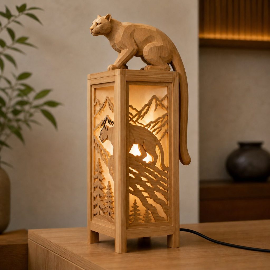 Mountain Cougar Lantern shown as an original square photorealistic cougar lamp made from natural light-yellow wood with fine grain and warm diffused light