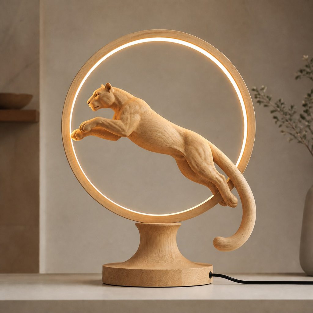 Cougar Canyon-Ring Lamp shown as an original square photorealistic cougar lamp made from natural light-yellow wood with fine grain and warm diffused light