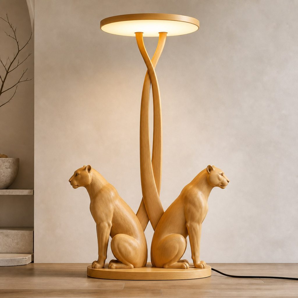 Paired-Tail Cougar Floor Lamp shown as an original square photorealistic cougar lamp made from natural light-yellow wood with fine grain and warm diffused light