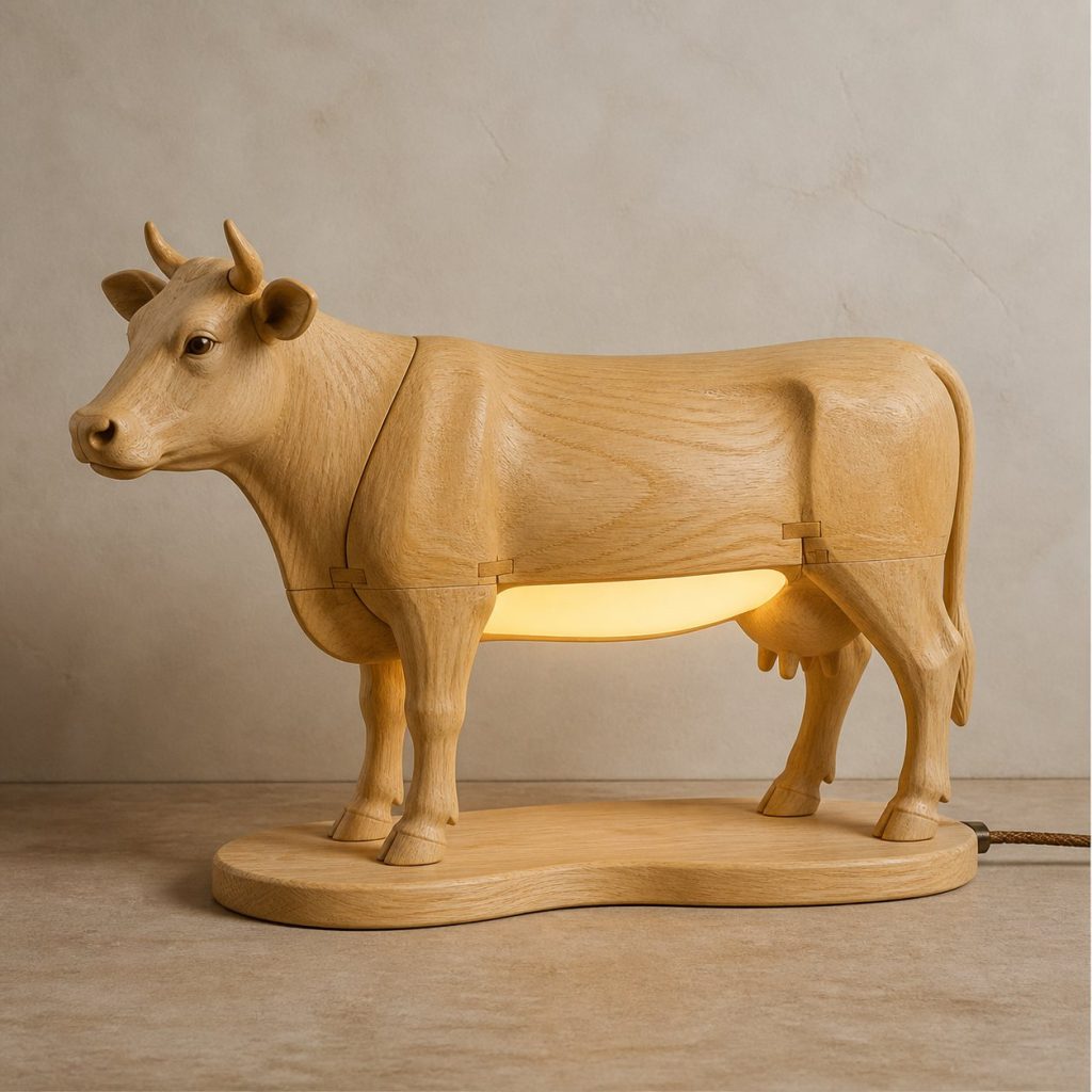 Standing Cow Profile Lamp shown as an original square photorealistic cow lamp made from natural light-yellow wood with fine grain and warm diffused light