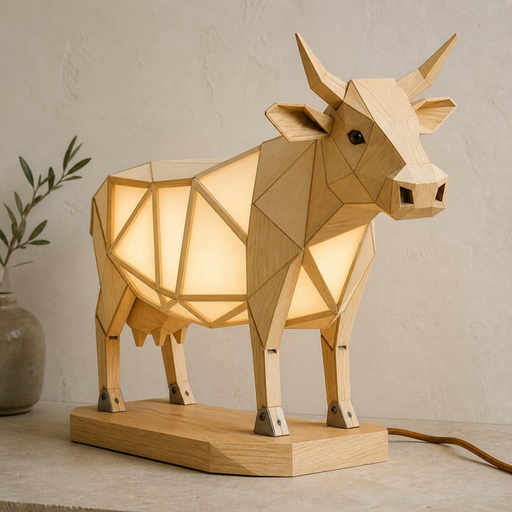 Faceted Cow Lamp shown as an original square photorealistic cow lamp made from natural light-yellow wood with fine grain and warm diffused light