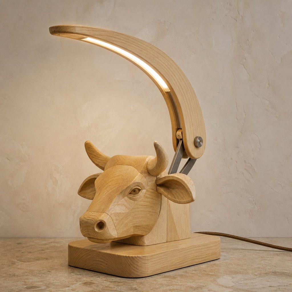 Cow-Horn Desk Task Lamp shown as an original square photorealistic cow lamp made from natural light-yellow wood with fine grain and warm diffused light
