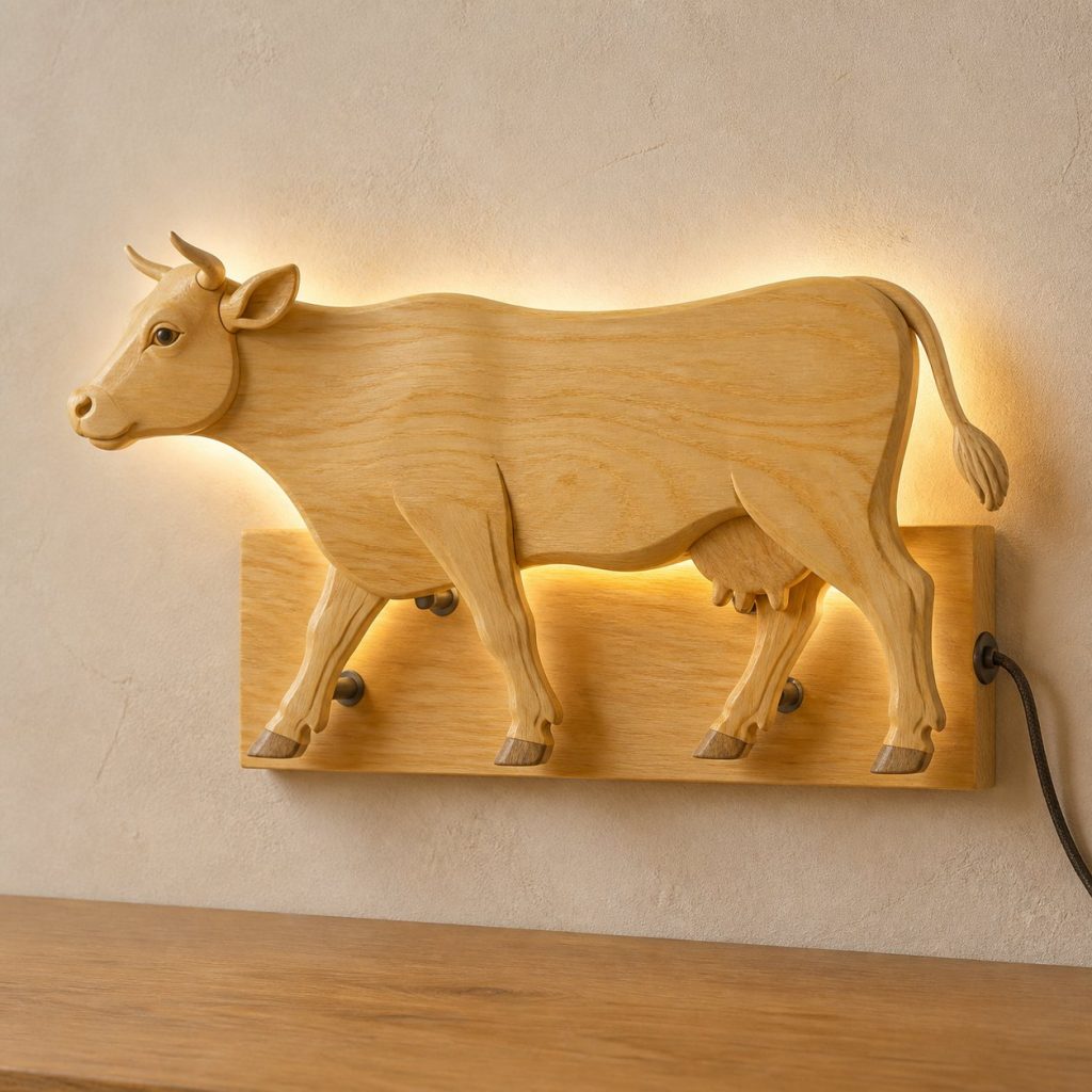 Walking Cow Wall Sconce shown as an original square photorealistic cow lamp made from natural light-yellow wood with fine grain and warm diffused light