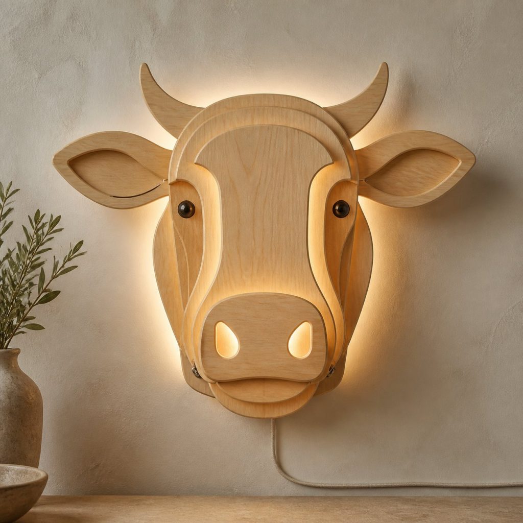 Layered Cow Face Wall Lamp shown as an original square photorealistic cow lamp made from natural light-yellow wood with fine grain and warm diffused light