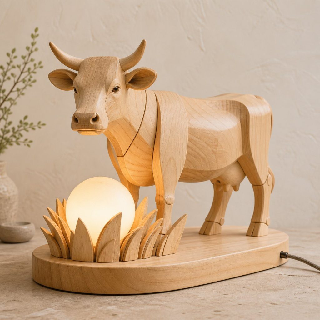 Cow Meadow Orb Lamp shown as an original square photorealistic cow lamp made from natural light-yellow wood with fine grain and warm diffused light