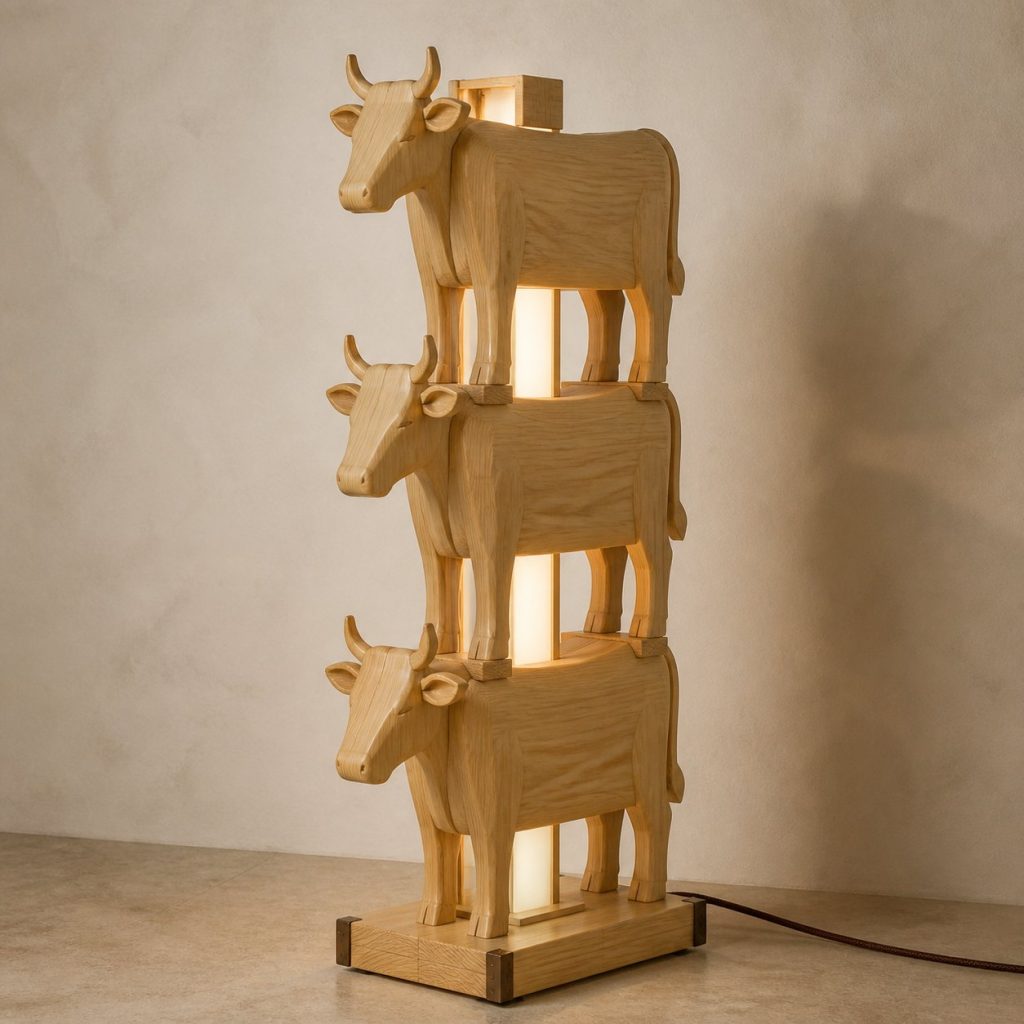 Stacked Cow Floor Lamp shown as an original square photorealistic cow lamp made from natural light-yellow wood with fine grain and warm diffused light