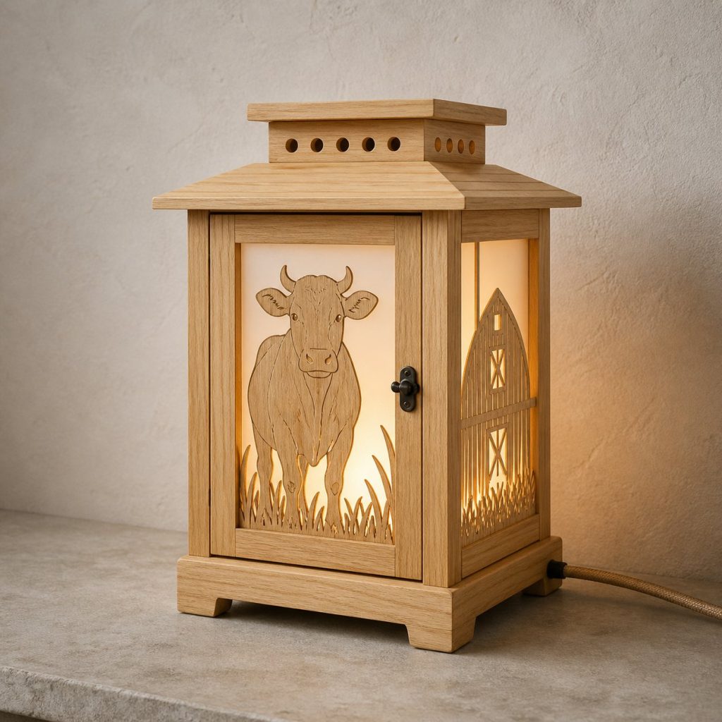 Barn Cow Lantern shown as an original square photorealistic cow lamp made from natural light-yellow wood with fine grain and warm diffused light