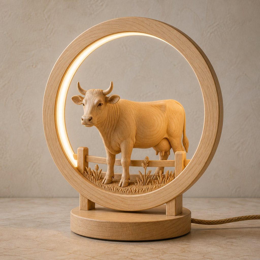 Cow-and-Pasture Ring Lamp shown as an original square photorealistic cow lamp made from natural light-yellow wood with fine grain and warm diffused light