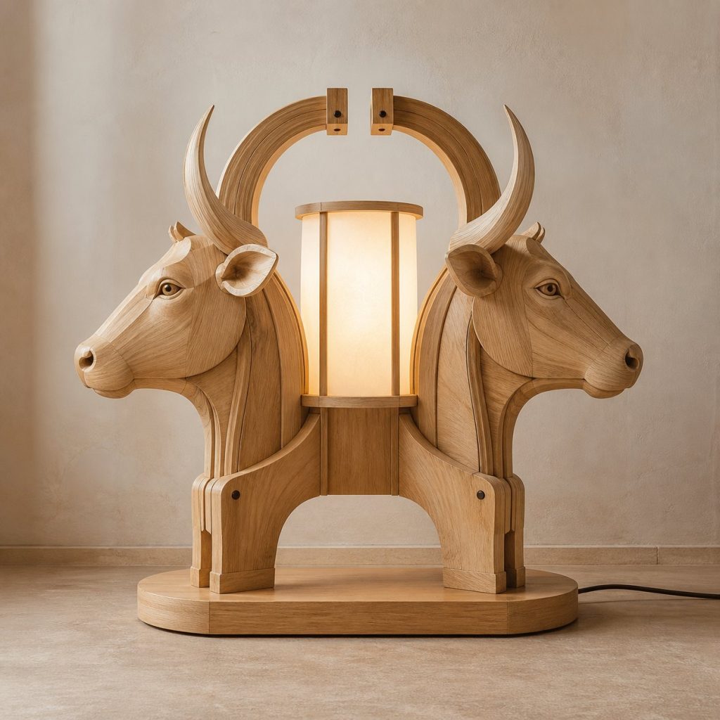 Twin-Horn Cow Floor Lamp shown as an original square photorealistic cow lamp made from natural light-yellow wood with fine grain and warm diffused light
