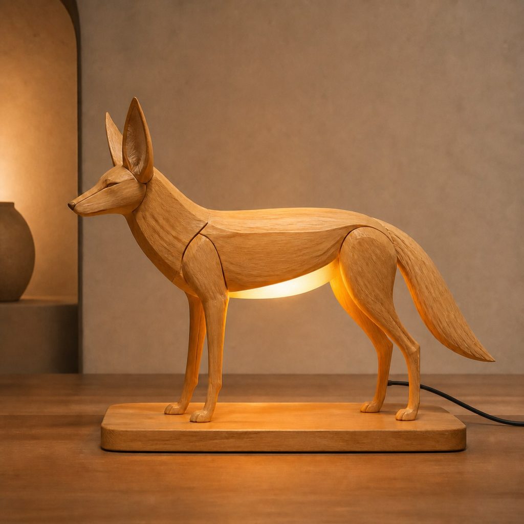 Coyote Profile Lamp shown as an original square photorealistic coyote lamp made from natural light-yellow wood with fine grain and warm diffused light