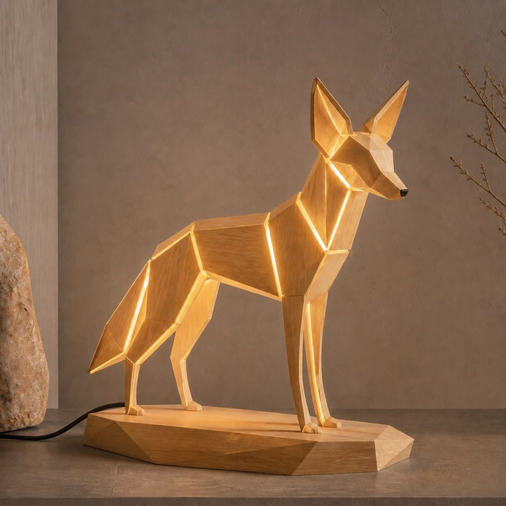 Faceted Coyote Lamp shown as an original square photorealistic coyote lamp made from natural light-yellow wood with fine grain and warm diffused light