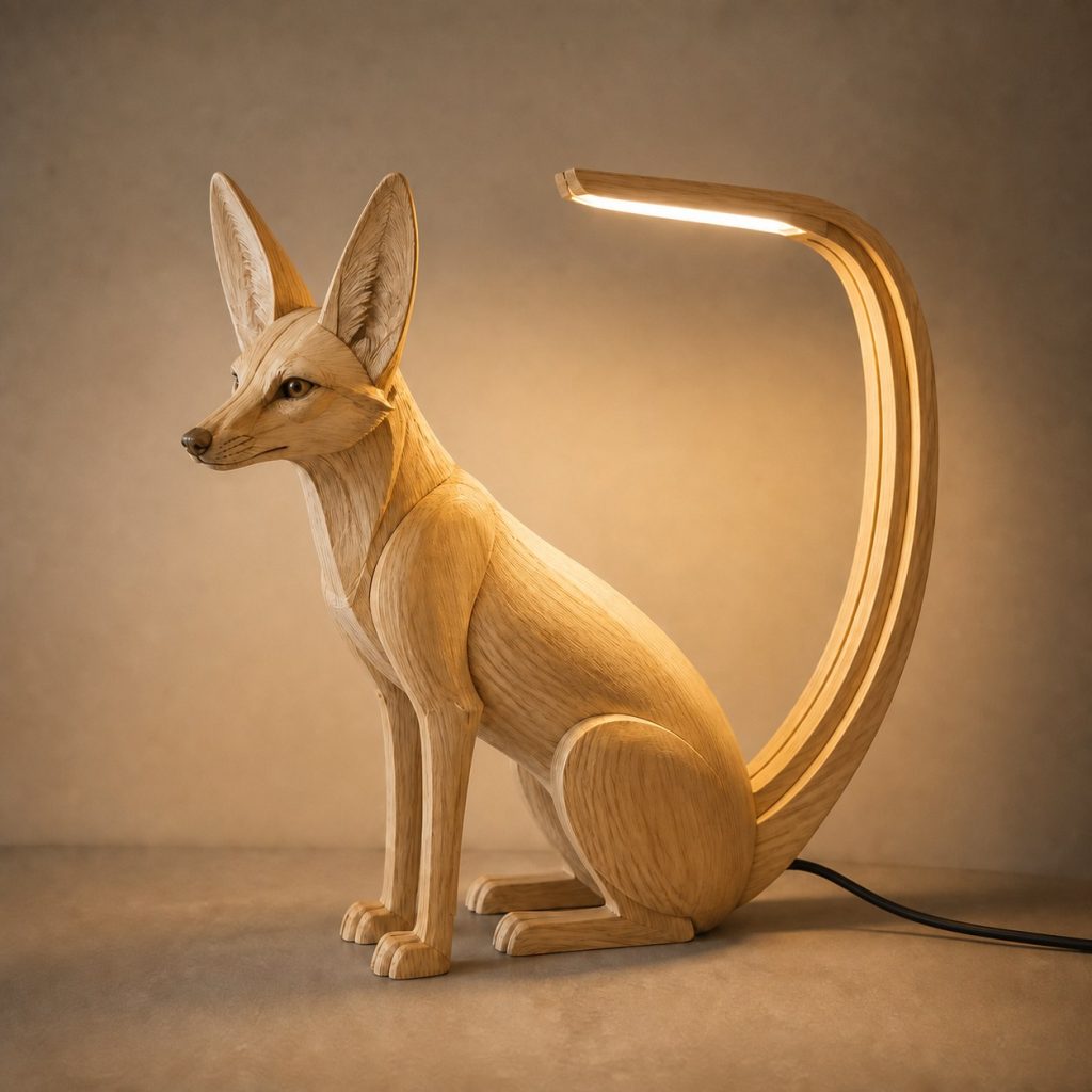 Coyote-Tail Desk Task Lamp shown as an original square photorealistic coyote lamp made from natural light-yellow wood with fine grain and warm diffused light
