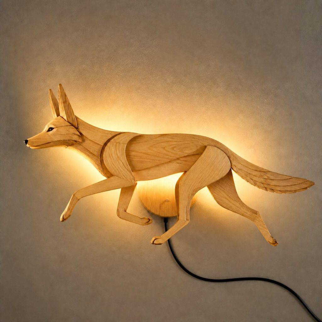 Running Coyote Wall Sconce shown as an original square photorealistic coyote lamp made from natural light-yellow wood with fine grain and warm diffused light