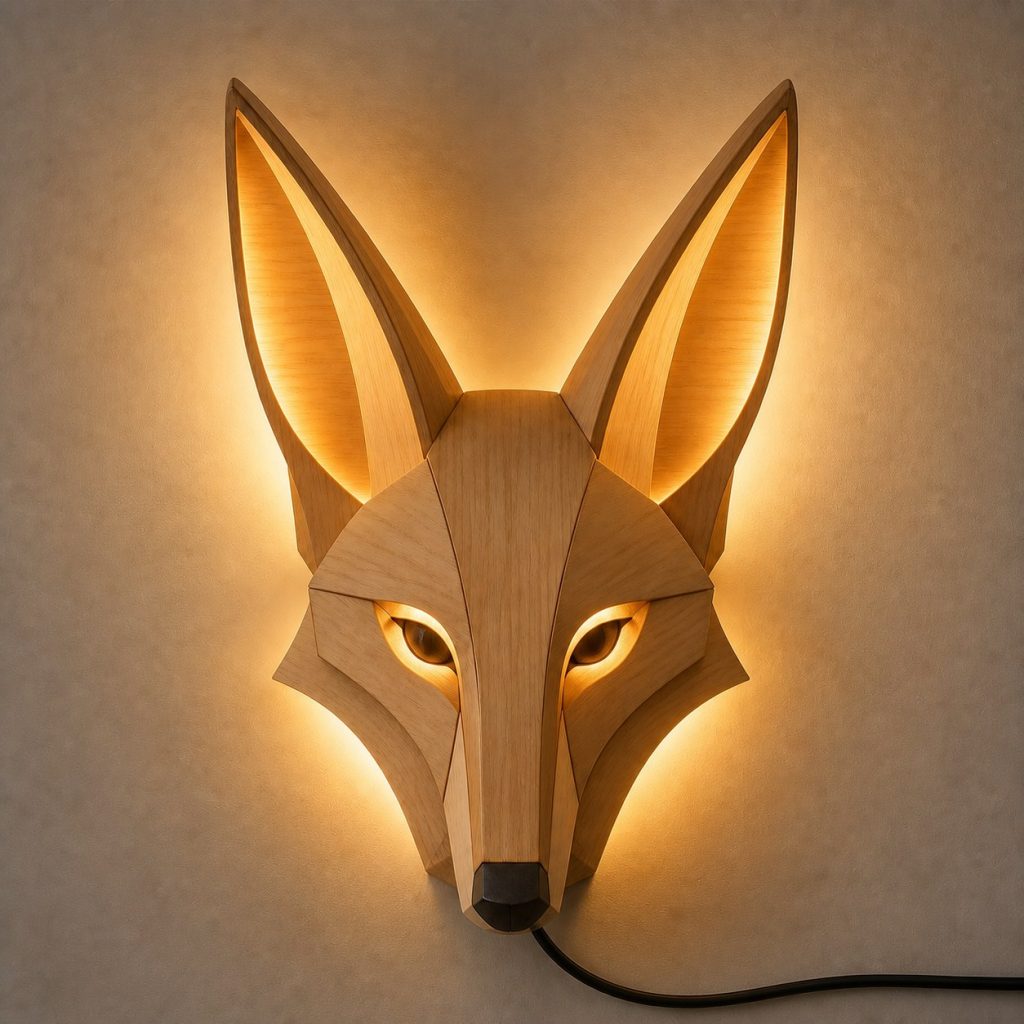 Layered Coyote Face Wall Lamp shown as an original square photorealistic coyote lamp made from natural light-yellow wood with fine grain and warm diffused light