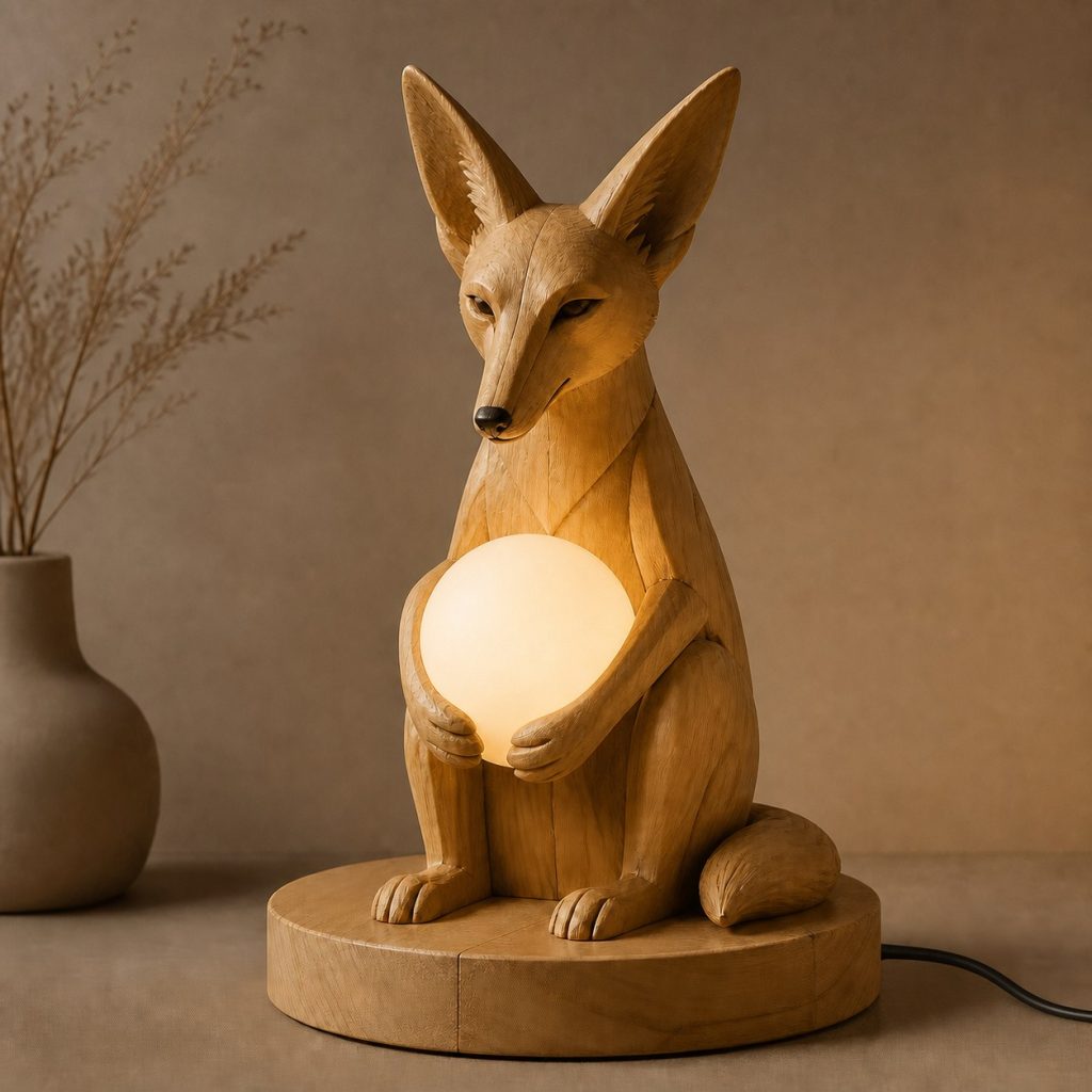 Coyote Orb Lamp shown as an original square photorealistic coyote lamp made from natural light-yellow wood with fine grain and warm diffused light
