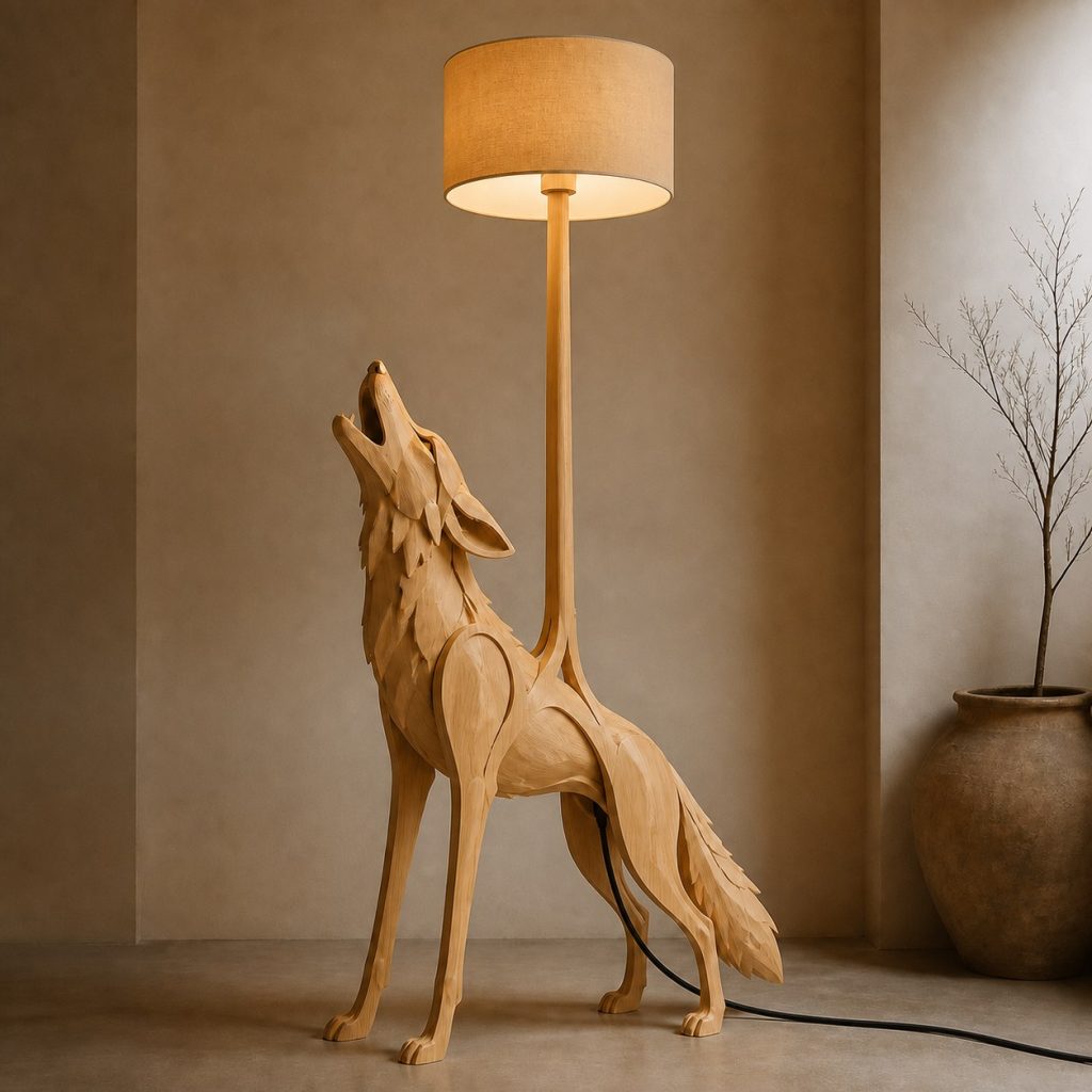 Howling Coyote Floor Lamp shown as an original square photorealistic coyote lamp made from natural light-yellow wood with fine grain and warm diffused light