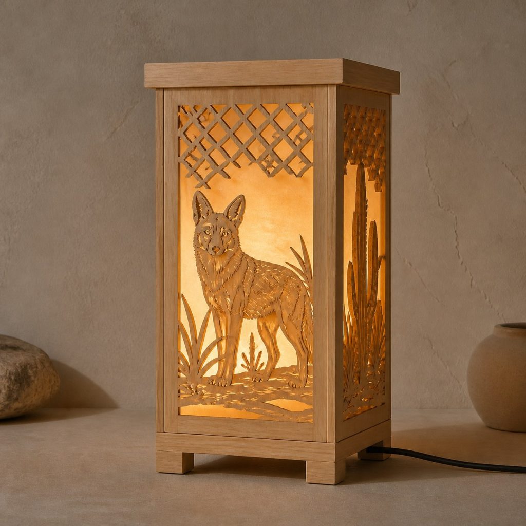 Desert Coyote Lantern shown as an original square photorealistic coyote lamp made from natural light-yellow wood with fine grain and warm diffused light