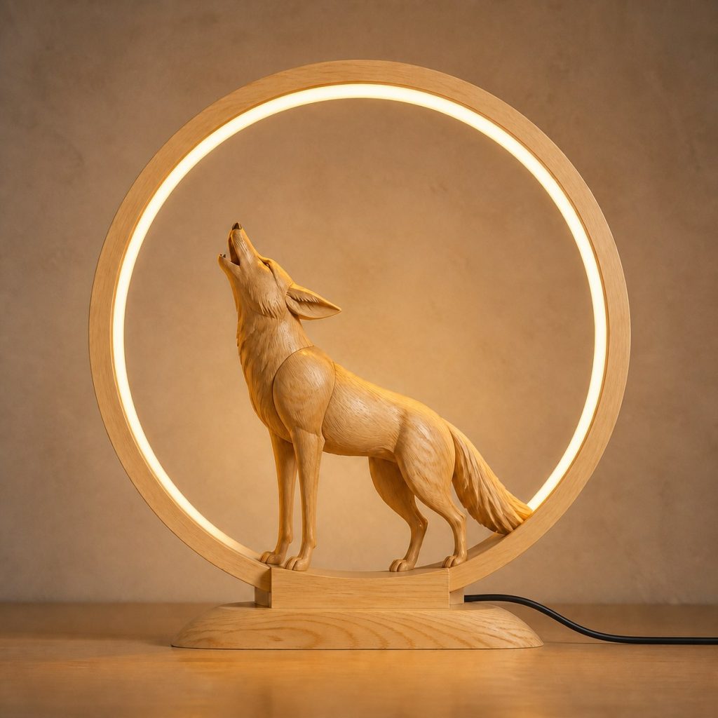 Coyote Moon-Ring Lamp shown as an original square photorealistic coyote lamp made from natural light-yellow wood with fine grain and warm diffused light