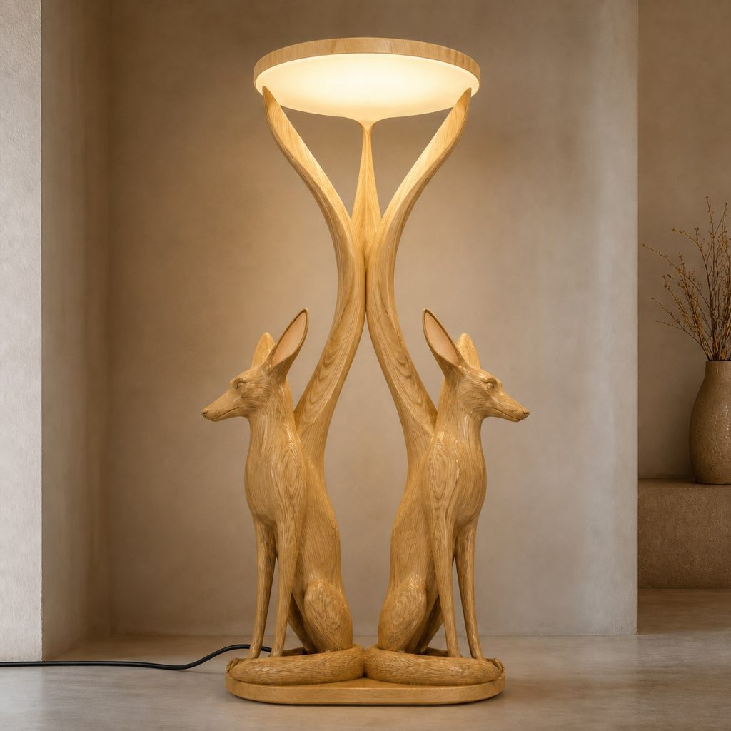 Paired-Ear Coyote Floor Lamp shown as an original square photorealistic coyote lamp made from natural light-yellow wood with fine grain and warm diffused light
