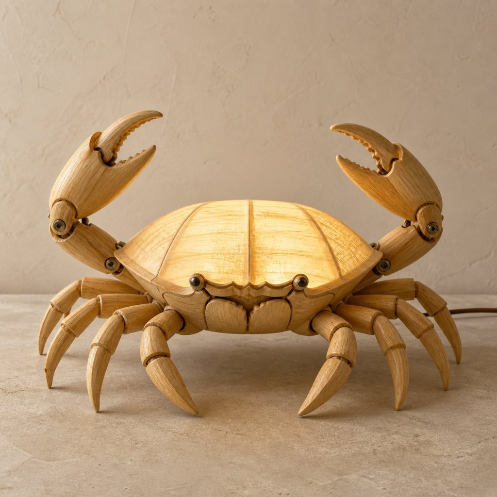 Broad-Shell Crab Profile Lamp shown as an original square photorealistic crab lamp made from natural light-yellow wood with fine grain and warm diffused light