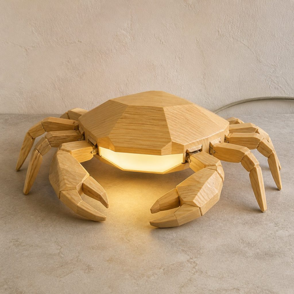 Faceted Crab Lamp shown as an original square photorealistic crab lamp made from natural light-yellow wood with fine grain and warm diffused light
