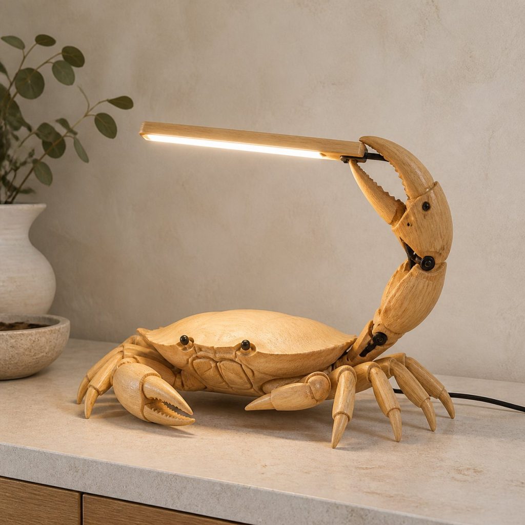 Crab-Claw Desk Task Lamp shown as an original square photorealistic crab lamp made from natural light-yellow wood with fine grain and warm diffused light