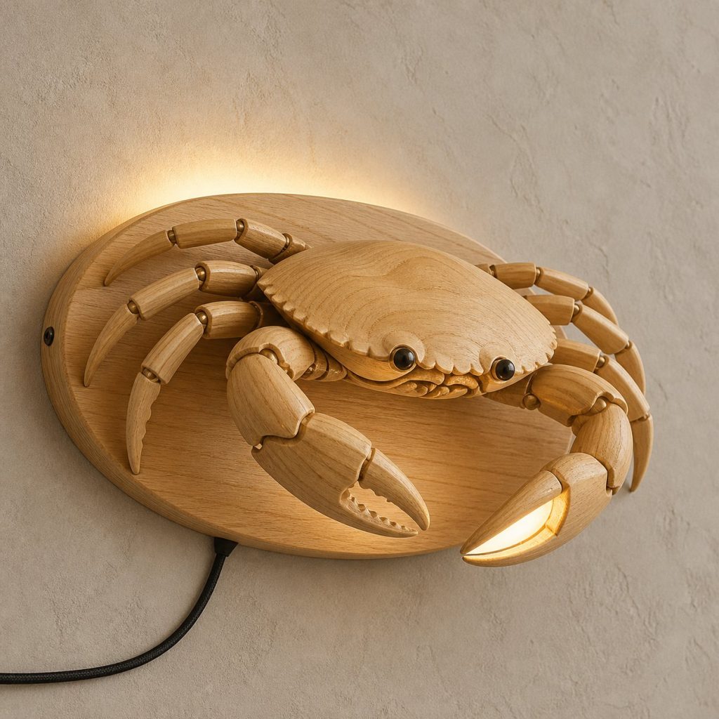 Sideways Crab Wall Sconce shown as an original square photorealistic crab lamp made from natural light-yellow wood with fine grain and warm diffused light
