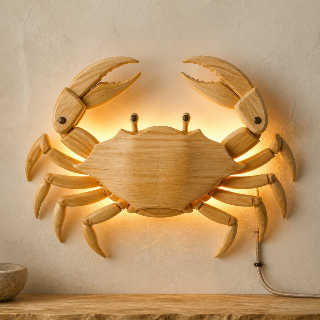 Layered Crab Face Wall Lamp shown as an original square photorealistic crab lamp made from natural light-yellow wood with fine grain and warm diffused light