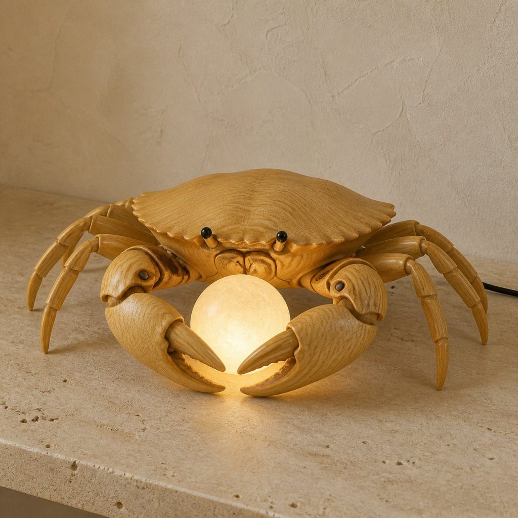 Crab Pearl Orb Lamp shown as an original square photorealistic crab lamp made from natural light-yellow wood with fine grain and warm diffused light
