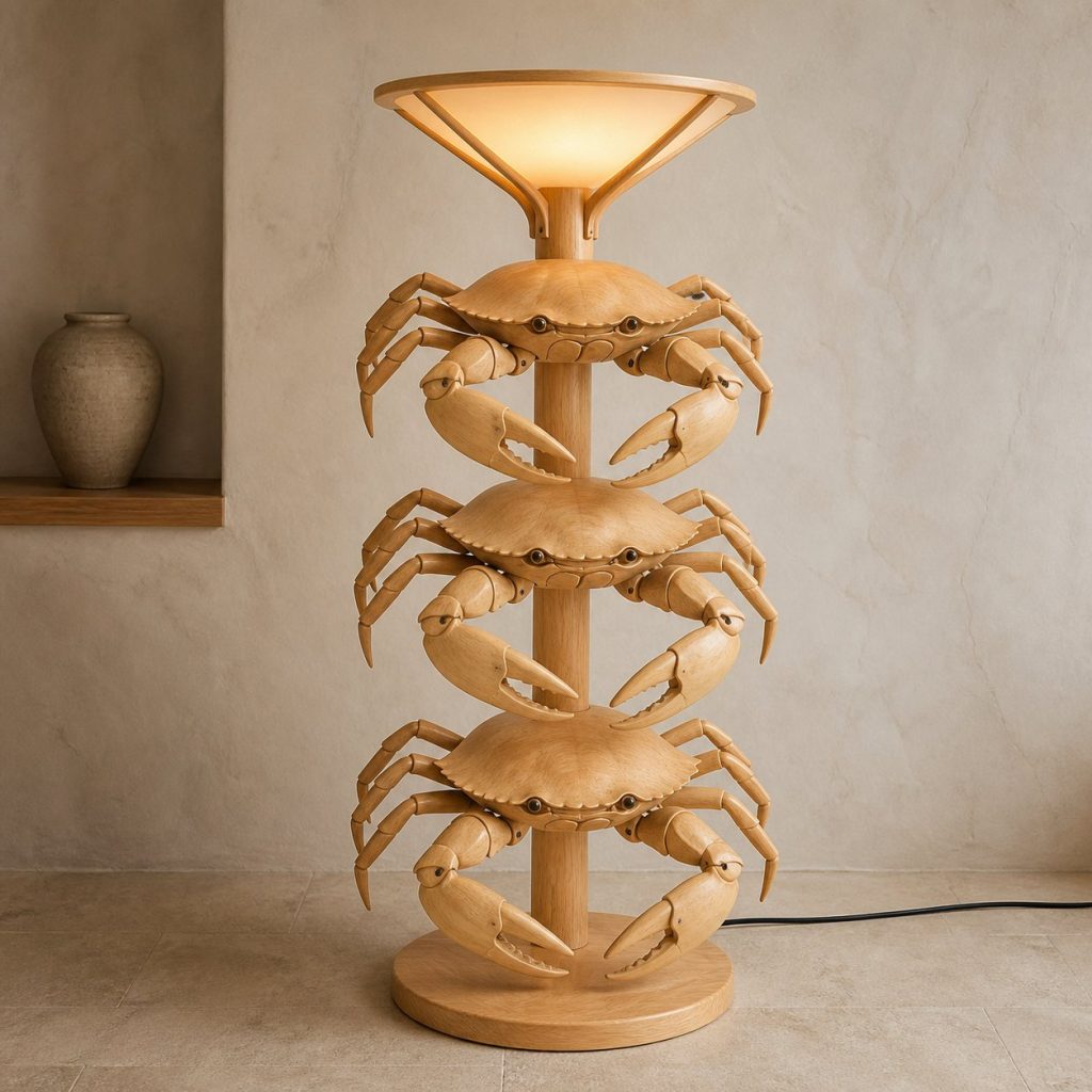 Stacked Crab Floor Lamp shown as an original square photorealistic crab lamp made from natural light-yellow wood with fine grain and warm diffused light
