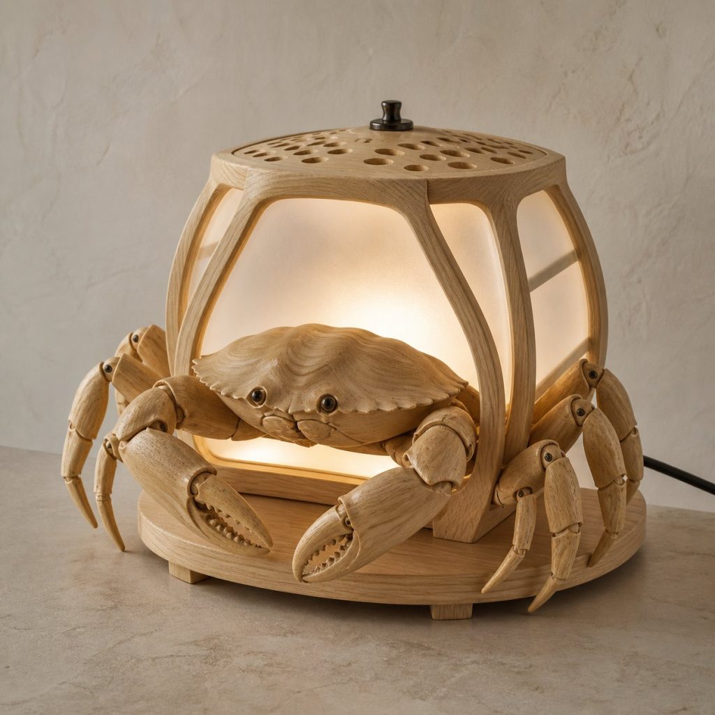 Tide-Pool Crab Lantern shown as an original square photorealistic crab lamp made from natural light-yellow wood with fine grain and warm diffused light
