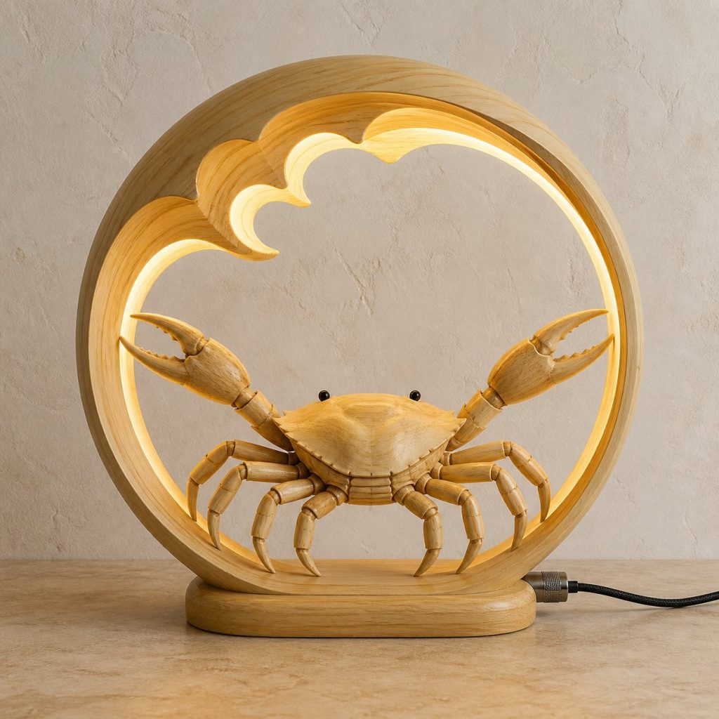 Crab Wave-Ring Lamp shown as an original square photorealistic crab lamp made from natural light-yellow wood with fine grain and warm diffused light
