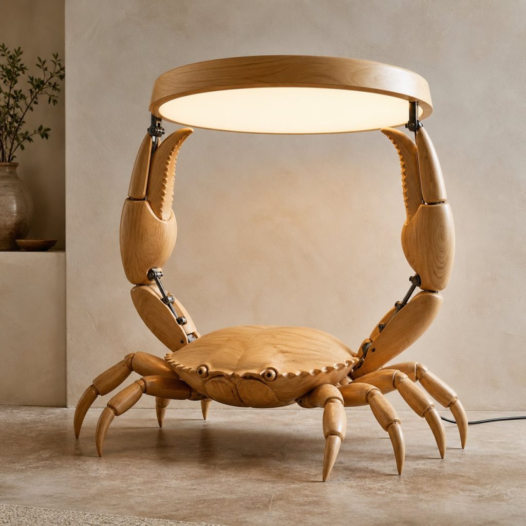 Twin-Claw Crab Floor Lamp shown as an original square photorealistic crab lamp made from natural light-yellow wood with fine grain and warm diffused light