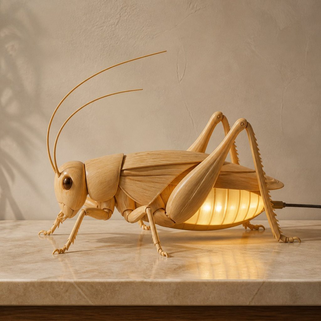 Field Cricket Profile Lamp shown as an original square photorealistic cricket lamp made from natural light-yellow wood with fine grain and warm diffused light