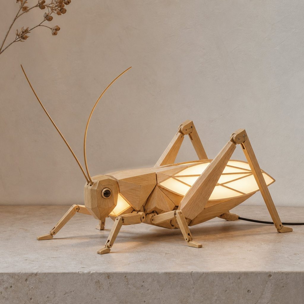Faceted Cricket Lamp shown as an original square photorealistic cricket lamp made from natural light-yellow wood with fine grain and warm diffused light