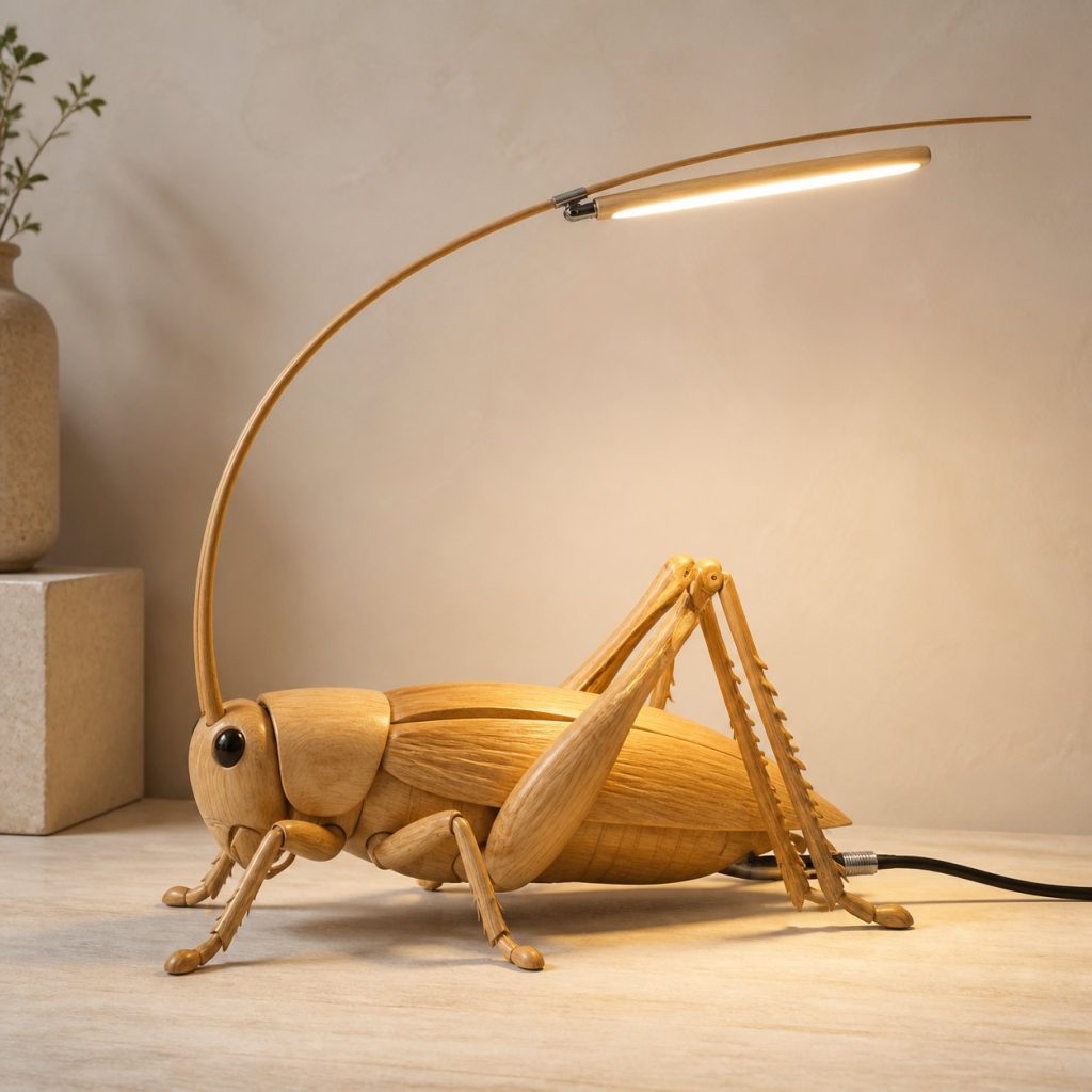 Cricket-Antenna Desk Task Lamp shown as an original square photorealistic cricket lamp made from natural light-yellow wood with fine grain and warm diffused light