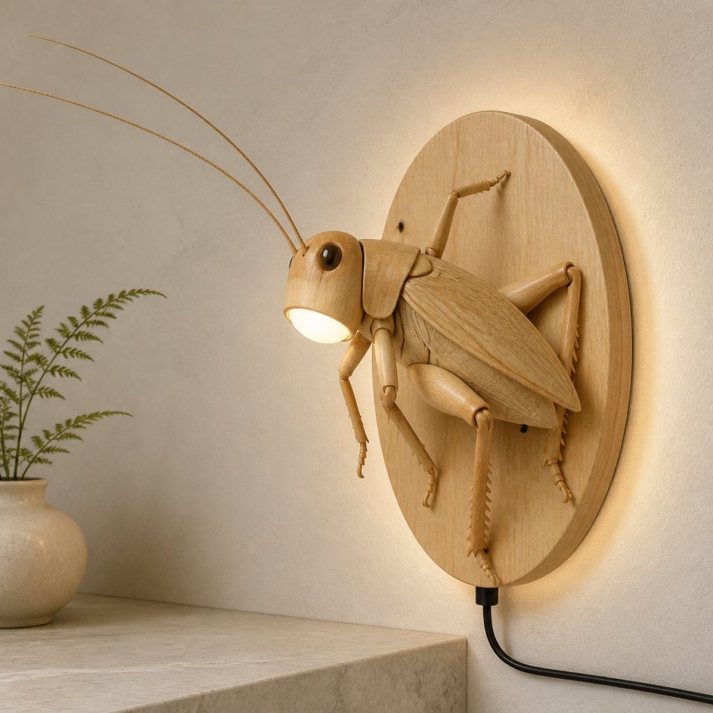 Chirping Cricket Wall Sconce shown as an original square photorealistic cricket lamp made from natural light-yellow wood with fine grain and warm diffused light