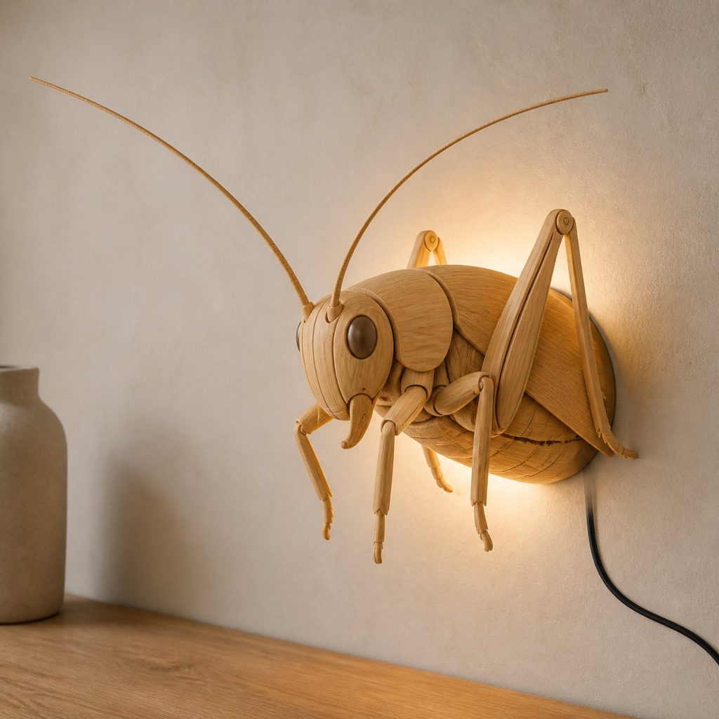 Layered Cricket Head Wall Lamp shown as an original square photorealistic cricket lamp made from natural light-yellow wood with fine grain and warm diffused light