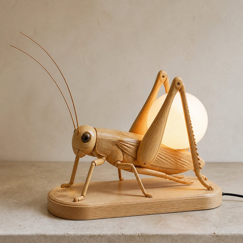 Cricket Orb Lamp shown as an original square photorealistic cricket lamp made from natural light-yellow wood with fine grain and warm diffused light