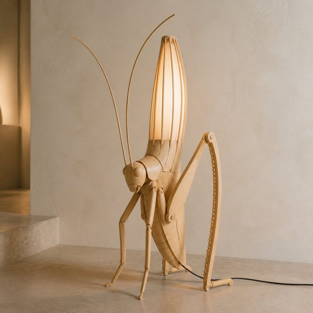 Tall Cricket Floor Lamp shown as an original square photorealistic cricket lamp made from natural light-yellow wood with fine grain and warm diffused light