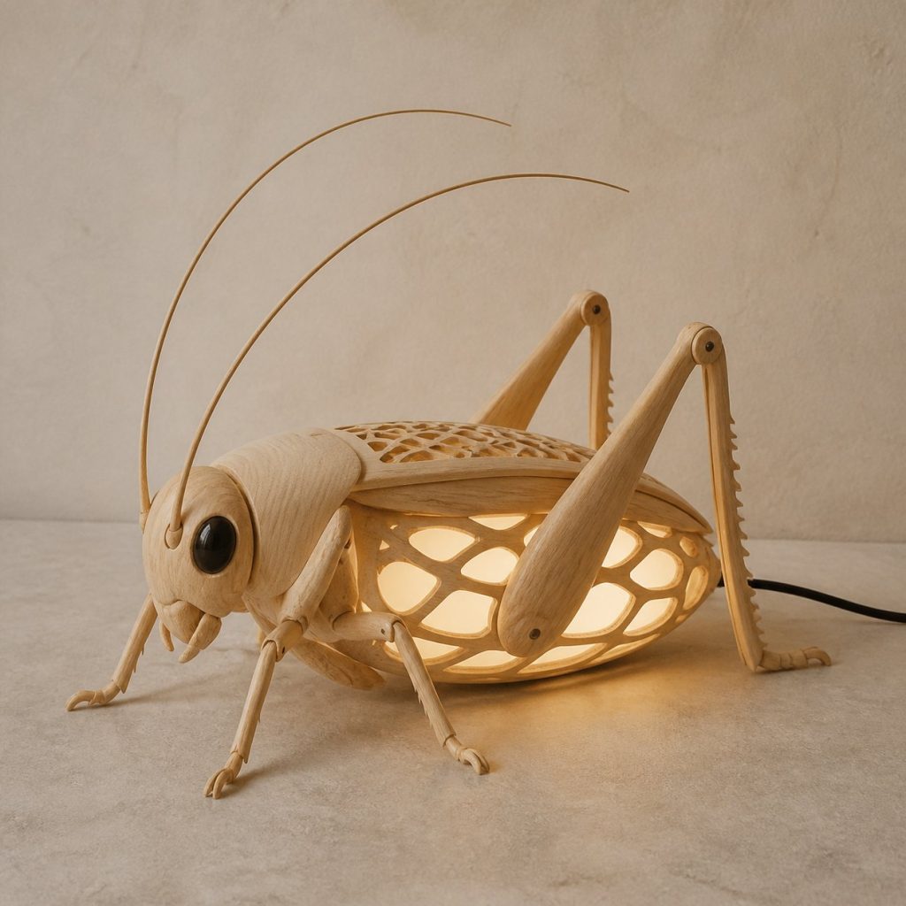 Night-Field Cricket Lantern shown as an original square photorealistic cricket lamp made from natural light-yellow wood with fine grain and warm diffused light